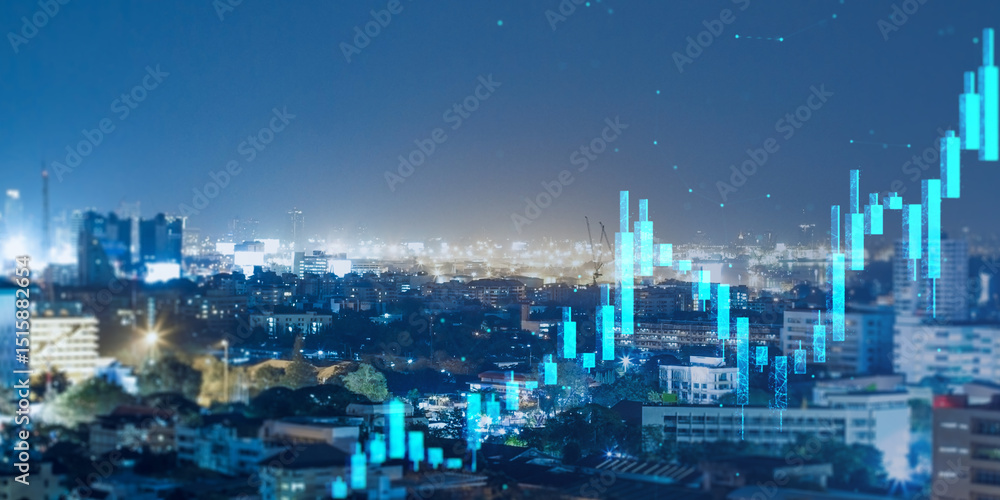 Poster digital financial chart overlay on illuminated urban skyline representing stock market growth and ec