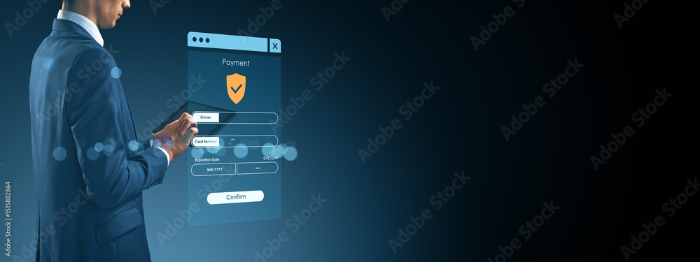Poster Businessman making online payment on digital tablet with virtual credit card interface on dark tech background, symbolizing secure transaction process.