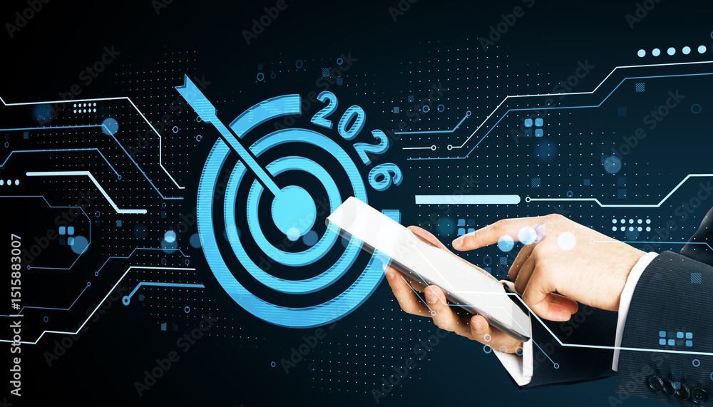 Poster businessman using tablet with digital target and 2026 goal symbol on futuristic background represent