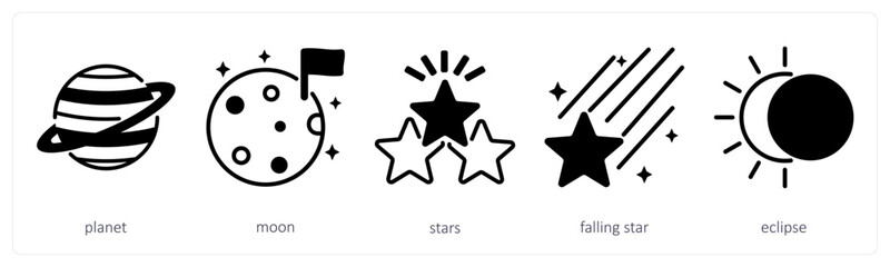 A set of 5 space icons as planet, moon, stars