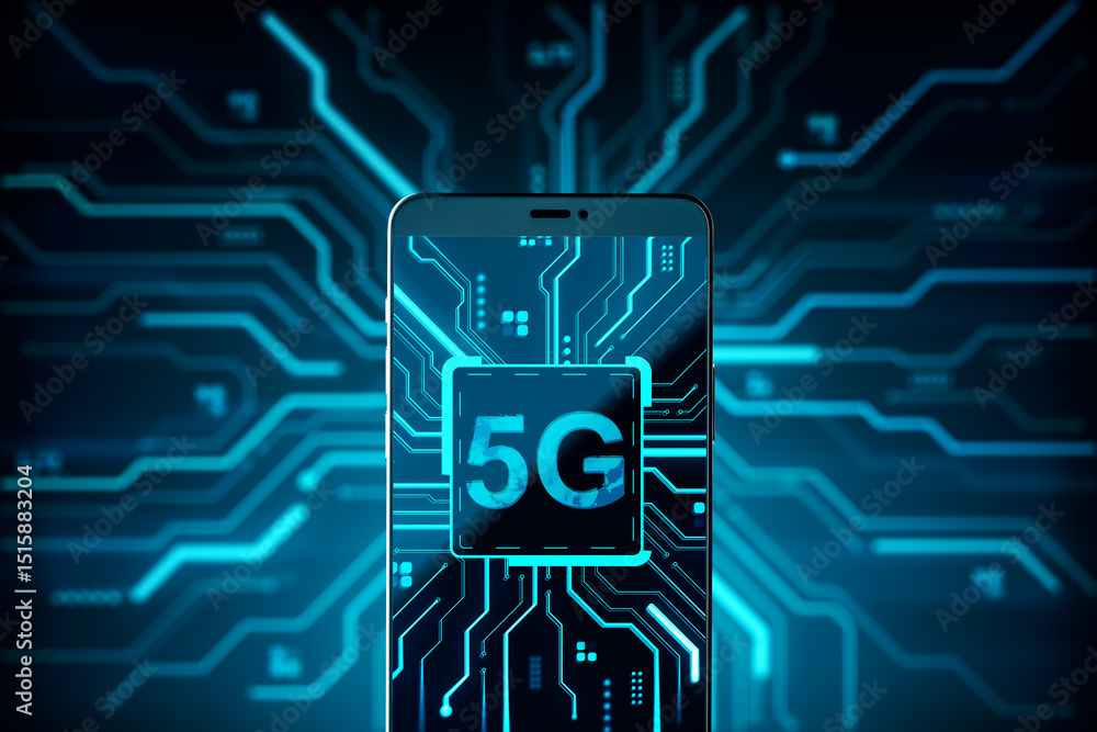 Aufkleber 5G smartphone with circuit board interface on neon blue digital background representing fast mobile connection and future tech concept design. 3D Rendering