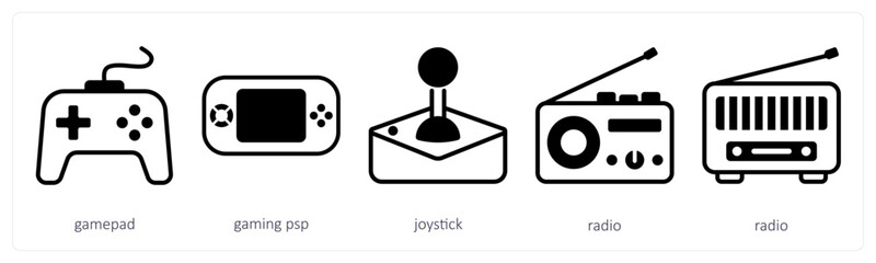 A set of 5 device icons as gamepad, gaming psp, joystick © popcornarts