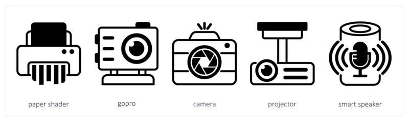 A set of 5 device icons as paper shader, gopro, camera, projector