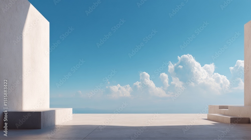 Aufkleber Empty space with geometric shapes and a seascape in the background, creating a clean and minimalist architectural design