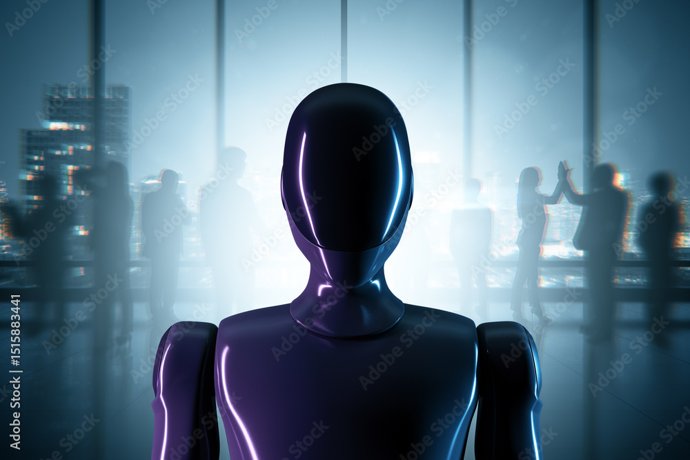Poster Futuristic humanoid robot in corporate office with blurred businesspeople and cityscape background representing AI in workplace future. 3D Rendering