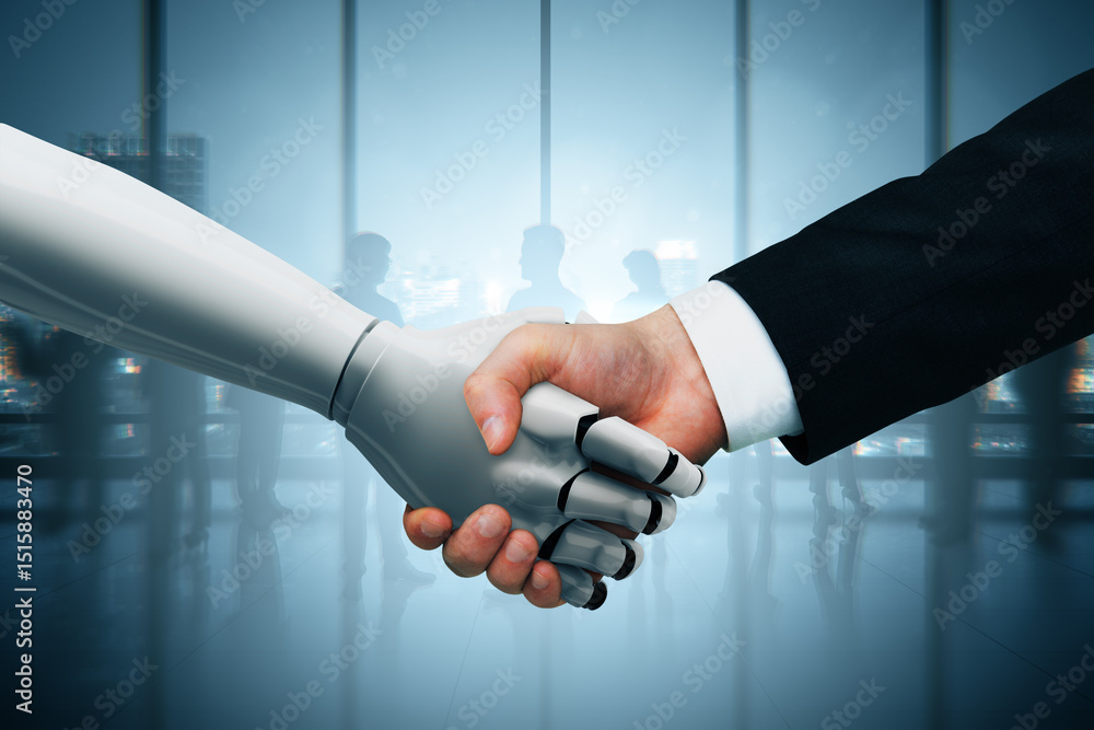 Poster human and robot handshake symbolizing ai partnership and technological collaboration in a futuristic