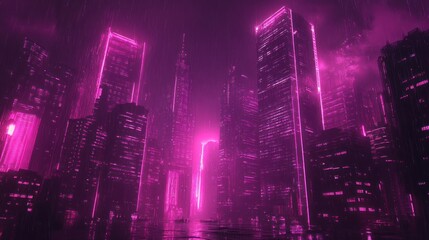 Neon Cityscape at Night: A Futuristic Pink Dream