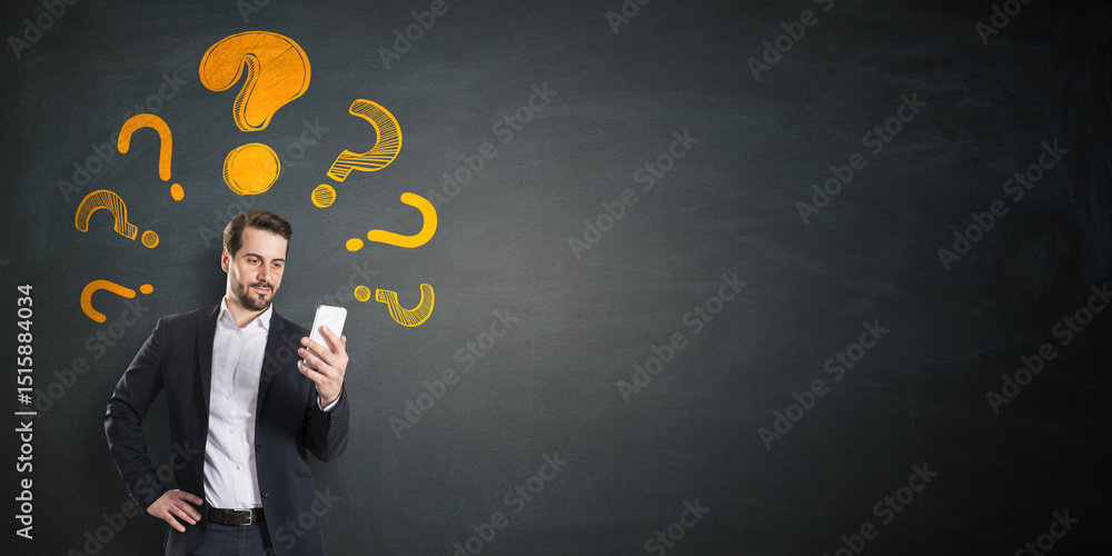 Poster Businessman looking at smartphone with question marks on chalkboard background, symbolizing curiosity and problem-solving concept.