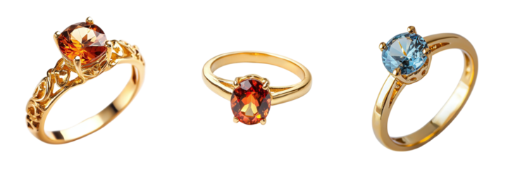Set of golden rings with a gemstone isolated on transparent background PNG