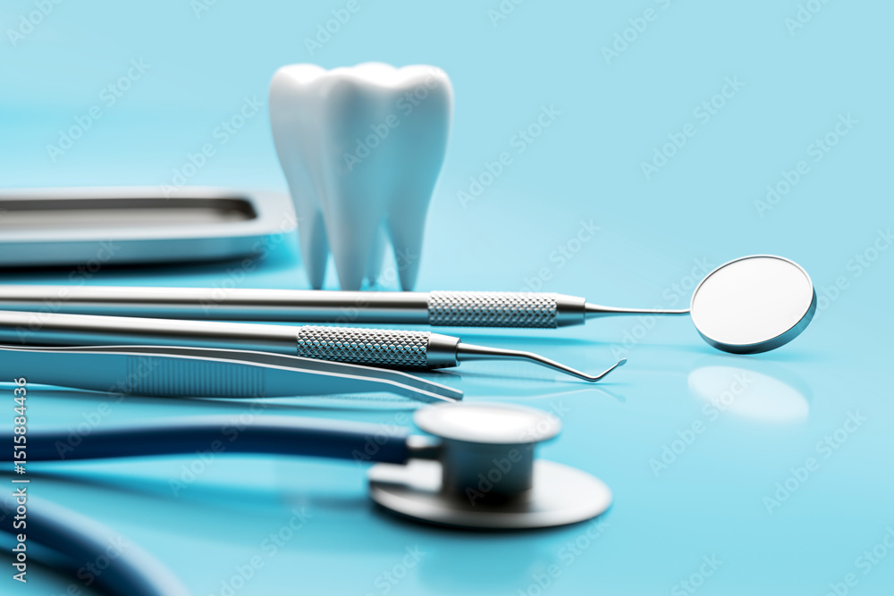 Aufkleber Closeup of dental tools and tooth model on blue background with light reflection and gradient effect. Medical accessories isolated. 3D Rendering. 3D Rendering