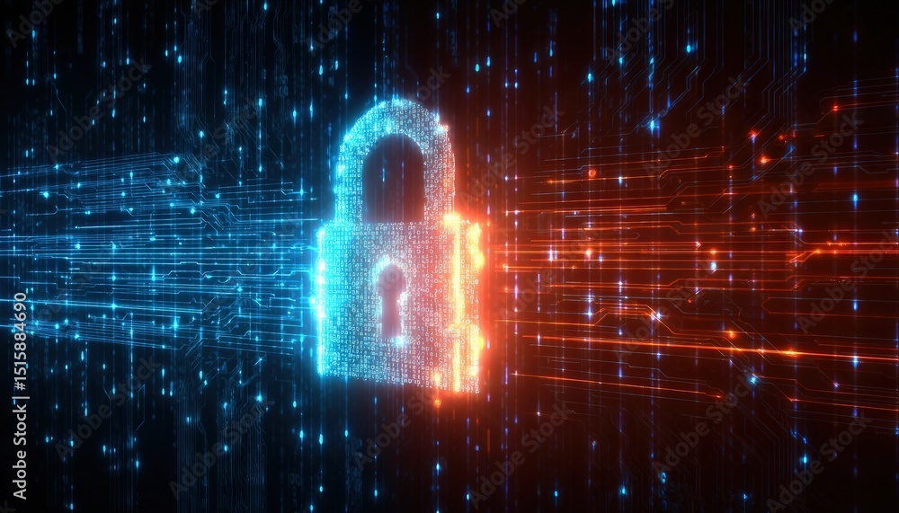 Aufkleber Glowing digital padlock with binary code symbolizes cybersecurity technology, protecting data streams within electronic circuitry