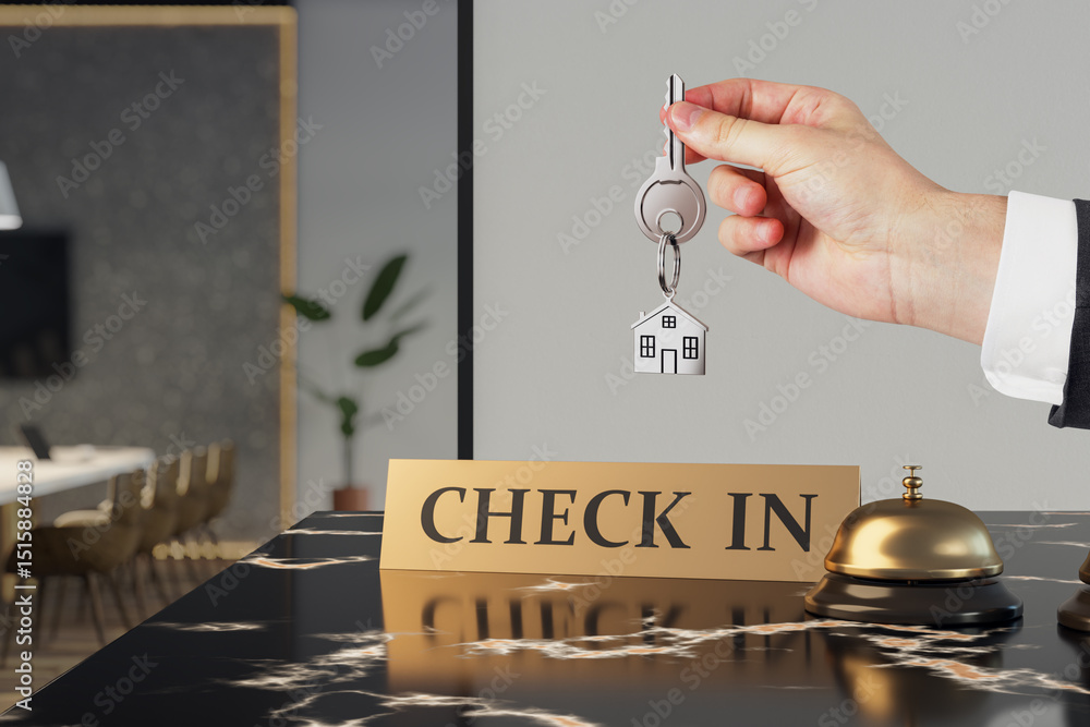 Poster hotel check-in counter with a hand holding a key and house-shaped keychain near a bell and golden si