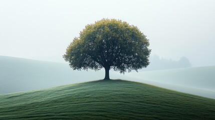 Solitary Tree on Misty Hillside: A Serene Landscape