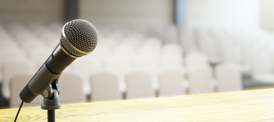 Closeup of microphone on wooden podium with blurred empty seats in background in modern lighted conference hall scene. 3D Rendering