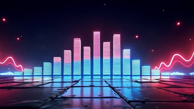 &ldquo;Animated neon equalizer bars in pink and blue rising and falling rhythmically on a black background, glowing lines forming a vibrant audio spectrum&rdquo;

