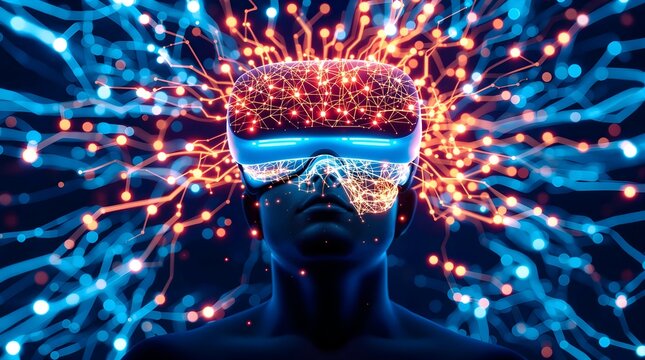 Person wearing a virtual reality headset surrounded by glowing neural connections in the dark