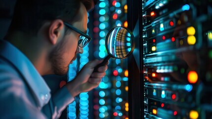 Man inspecting server rack with magnifying glass in data center for system maintenance and security audit