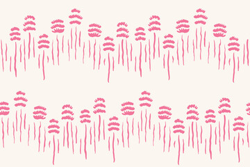 Simple chevron made from solid flower shapes and vertical stems forming a minimalist botanical pattern in colors of pink on beige background. Floral seamless vector pattern. Great for home decor, etc.