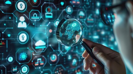 Man examining digital interface with magnifying glass and glowing icons in the background