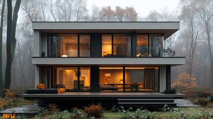 Modern Two-Story House in Autumnal Forest