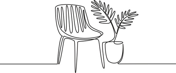 Chair with home plant in continuous one line drawing. Modern room and home furniture in simple Linear style. Editable stroke. Vector Illustration.