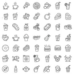 Fast food flat line icons set. Burger, fast snacks, sandwich, French fries, hot dog, Mexican burrito, pizza vector illustrations. Thin signs for restaurant menu.