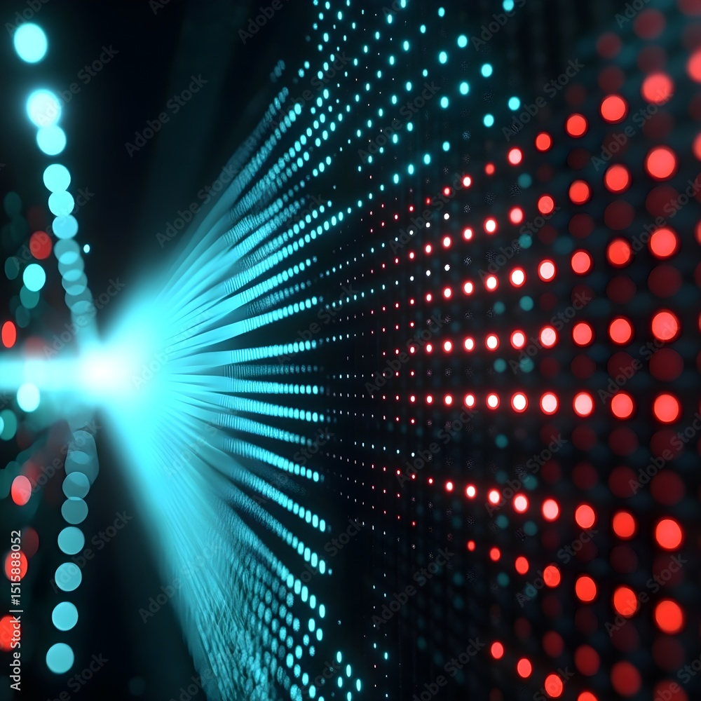 Poster abstract digital data stream red and teal light dots flowing into the distance