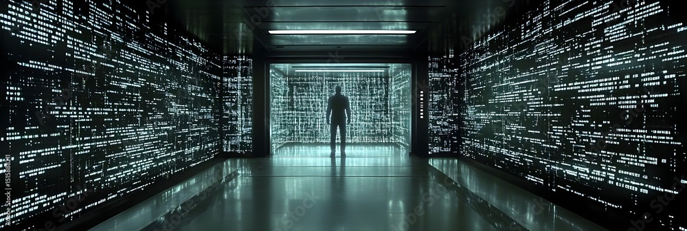 Poster man silhouetted in futuristic corridor with glowing digital code walls a surreal technological scene