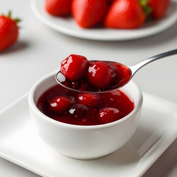 Close-up of a spoonful of Russian strawberry varenye in a small white bowl on a square ceramic plate, showcasing glossy fruit preserve and rich texture