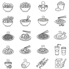 Fast food flat line icons set. Burger, fast snacks, sandwich, French fries, hot dog, Mexican burrito, pizza vector illustrations. Thin signs for restaurant menu.