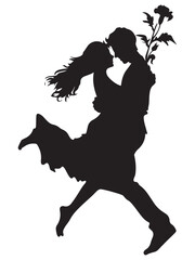 Romantic Young Couple Embracing with Flowers in Silhouette Style on a White Background