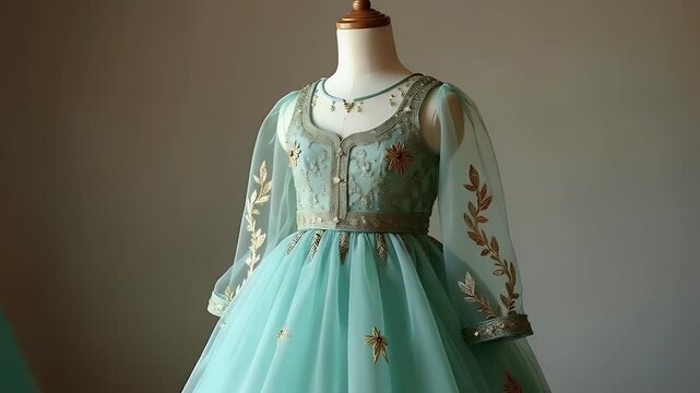 Simple frock in pastel blue with silver border draped on mannequin in minimal indoor setup
