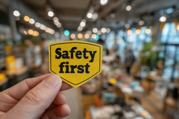 Hand holding a yellow shield shaped sticker with the words Safety First promoting workplace safety and accident prevention