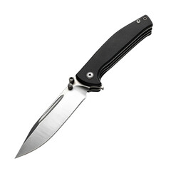 Metal folded knife with black handle isolated on transparent background.