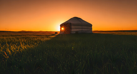 Nomadic Yurt Underneath Golden Sunrise in Vast Mongolian Steppe