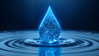 Futuristic blue water drop icon with digital patterns, representing AI integration in hydrology, environmental tracking, and sustainable water resource management.