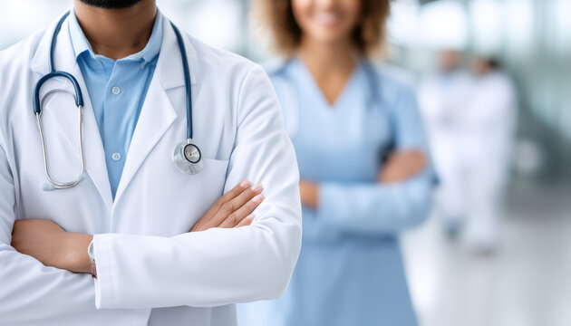 Doctor with stethoscope hospital background shows trust and teamwork medicals care with nursing specialist and surgical team practice for patient