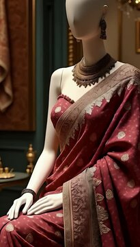 Heavy embroidered maroon saree with gold zari work on seated mannequin in luxury boutique setup
