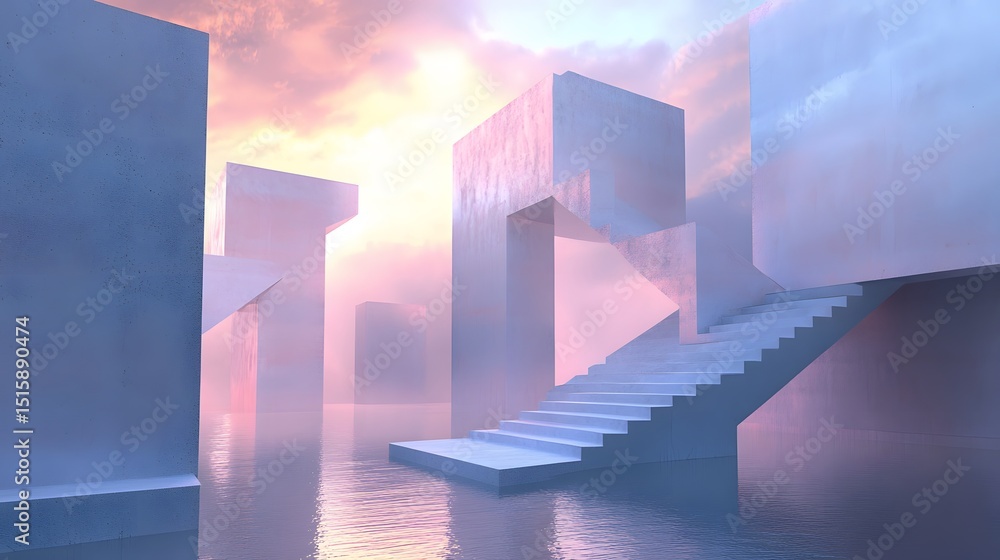 Aufkleber misty architectural structures with steps in a tranquil setting.