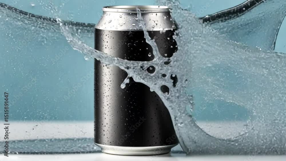 Poster black can of soda is sitting in a splash of water. the water is splashing around the can, creating a