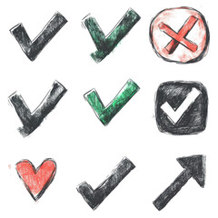 Set of hand drawn check mark icons on transparent background. Arrow, Cross, Heart.