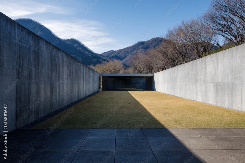 Poster concrete walls creating a corridor with a green lawn and mountains in the background