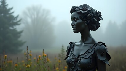 Woman sculpture with floral details in a garden	