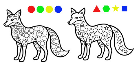Coloring page featuring two foxes with different patterns, one with circles and another with geometric shapes for kids