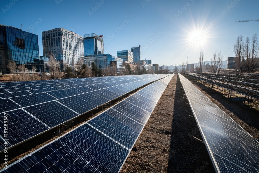 Aufkleber rows of solar panels capturing sunlight with a modern city skyline in the background, symbolizing th