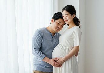 Fototapeta premium Korean Husband and Pregnant Wife, Asian Couple Expecting Baby, Korean Pregnant Couple Photo, Maternity Image of Asian Husband and Wife, Expecting Parents Together