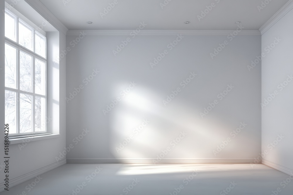 Poster sun rays filtering through window illuminating empty room with white walls and light gray floor, cre