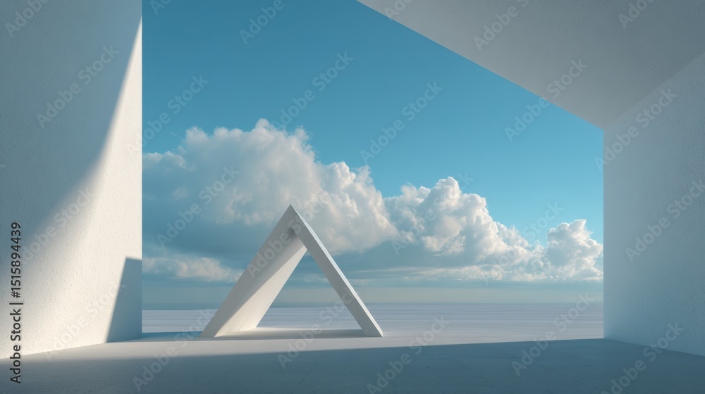 Poster Minimalist white open space with triangular structure casting shadows, overlooking a cloudy sky, creating a serene and surreal atmosphere