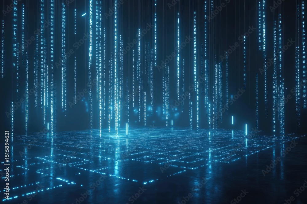 Poster digital data rain on a glowing platform