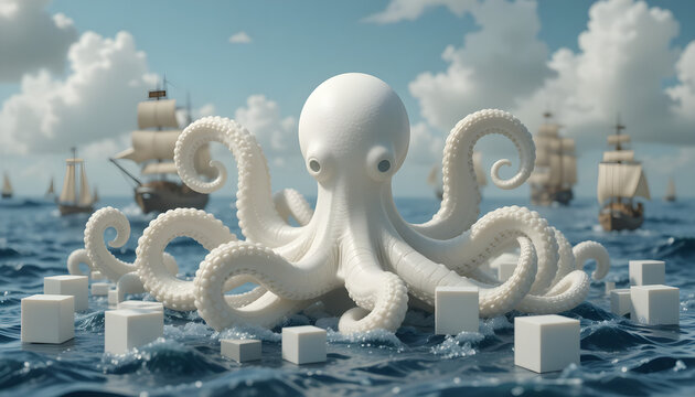  
File #:  1373324814
White Octopus Figurine Amidst Cubes and Sailing Ships at Sea